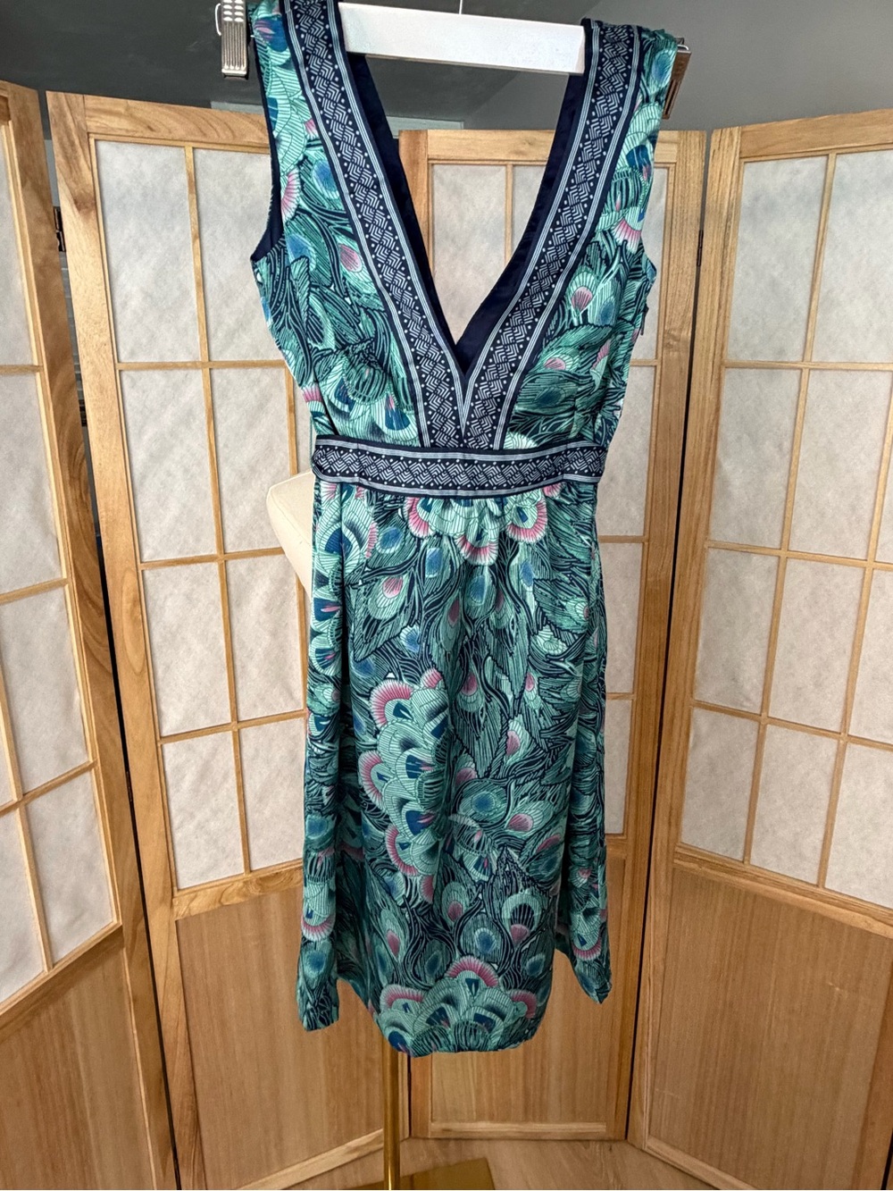 H&M Teal and Navy V-Neck Peacock-Print Dress